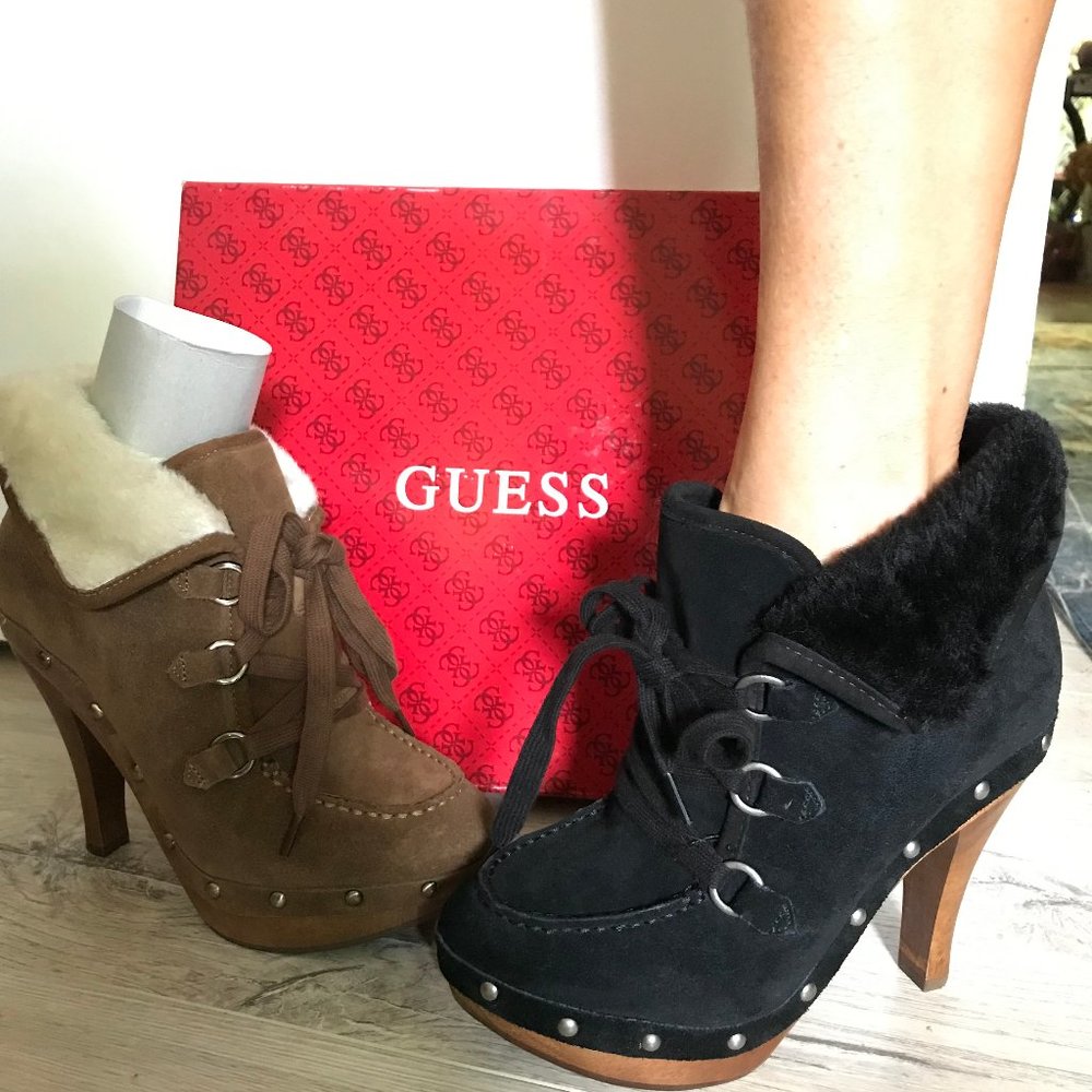 GUESS BOUNTIFUL FUR PLATFORM BOOTIES W STUDS! 2!
